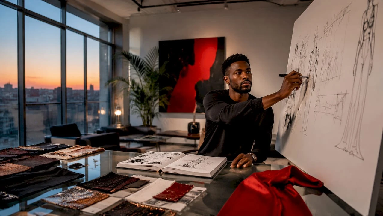 Un designer freelance en pleine création sur son carnet de croquis