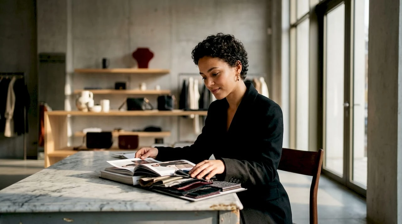 Een vrouw bladert ontspannen door exclusieve modeboeken terwijl ze in een café zit.