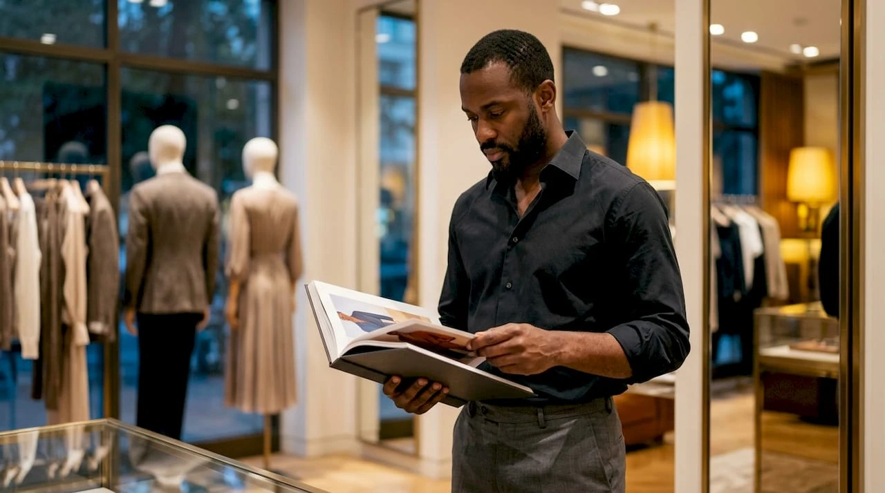 Un homme feuillette un catalogue à la recherche de vêtements haut de gamme pour enrichir sa garde-robe.