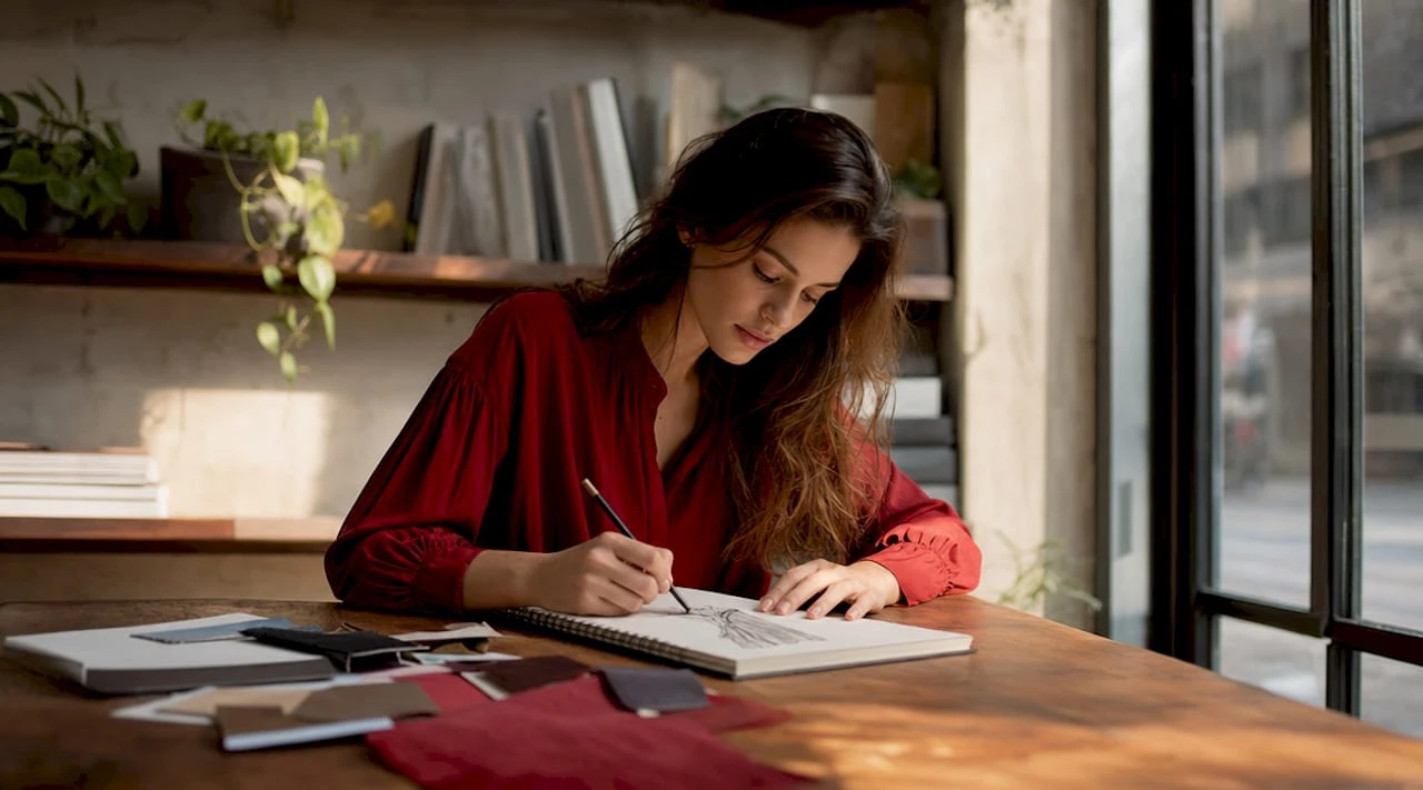 Eine Modedesignerin erstellt gerade einen Styling-Guide und bringt kreative Ideen zu Papier.