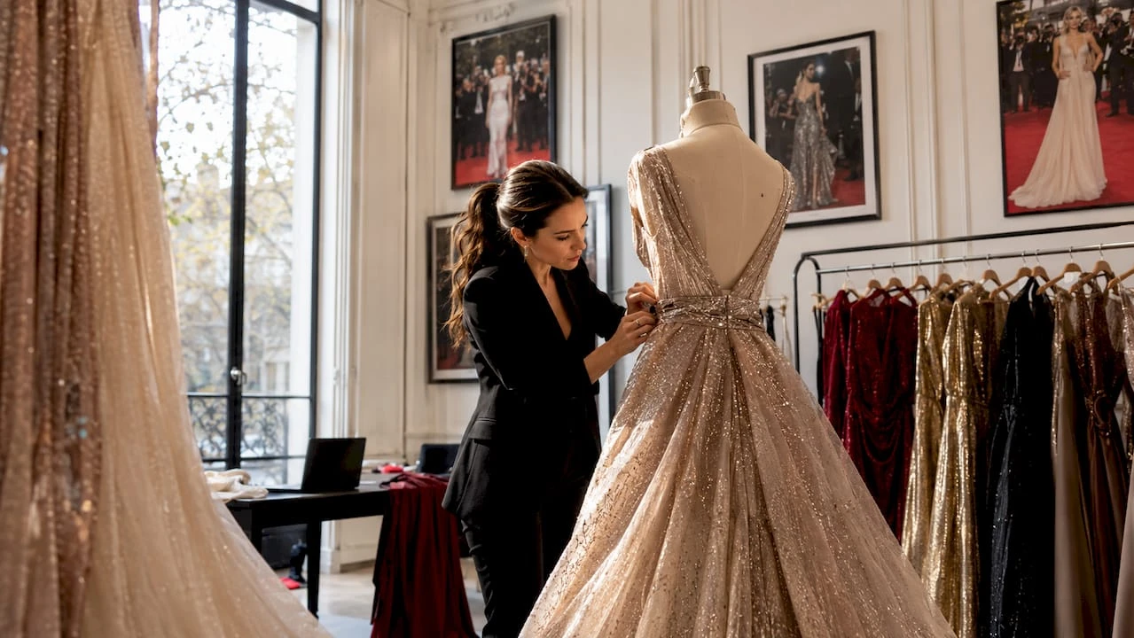 Eine Stylistin richtet das Abendkleid für den Auftritt auf dem roten Teppich perfekt zurecht.