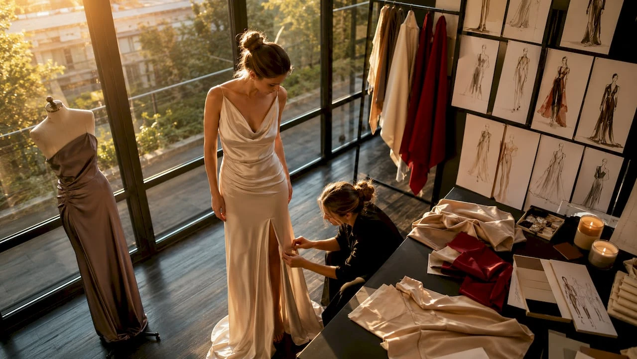 Creatoarea de modă ajustează o rochie făcută pe comandă direct pe clientă, asigurându-se că se potrivește perfect.