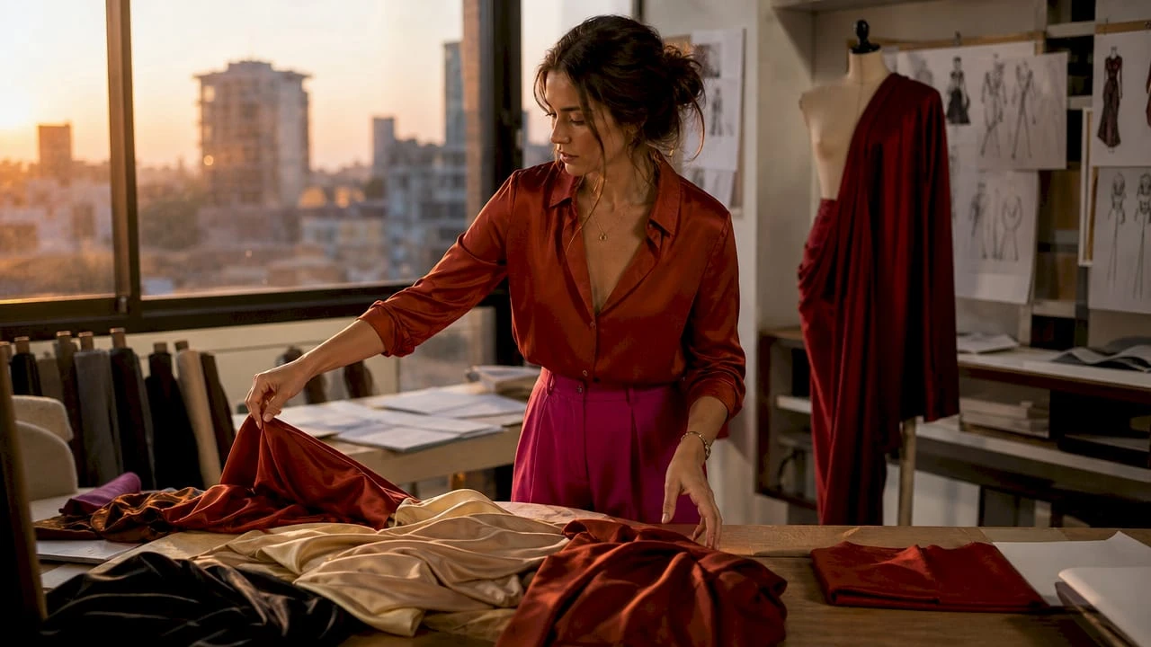 Diseñadora examinando telas para su nueva colección prêt-à-porter en el taller