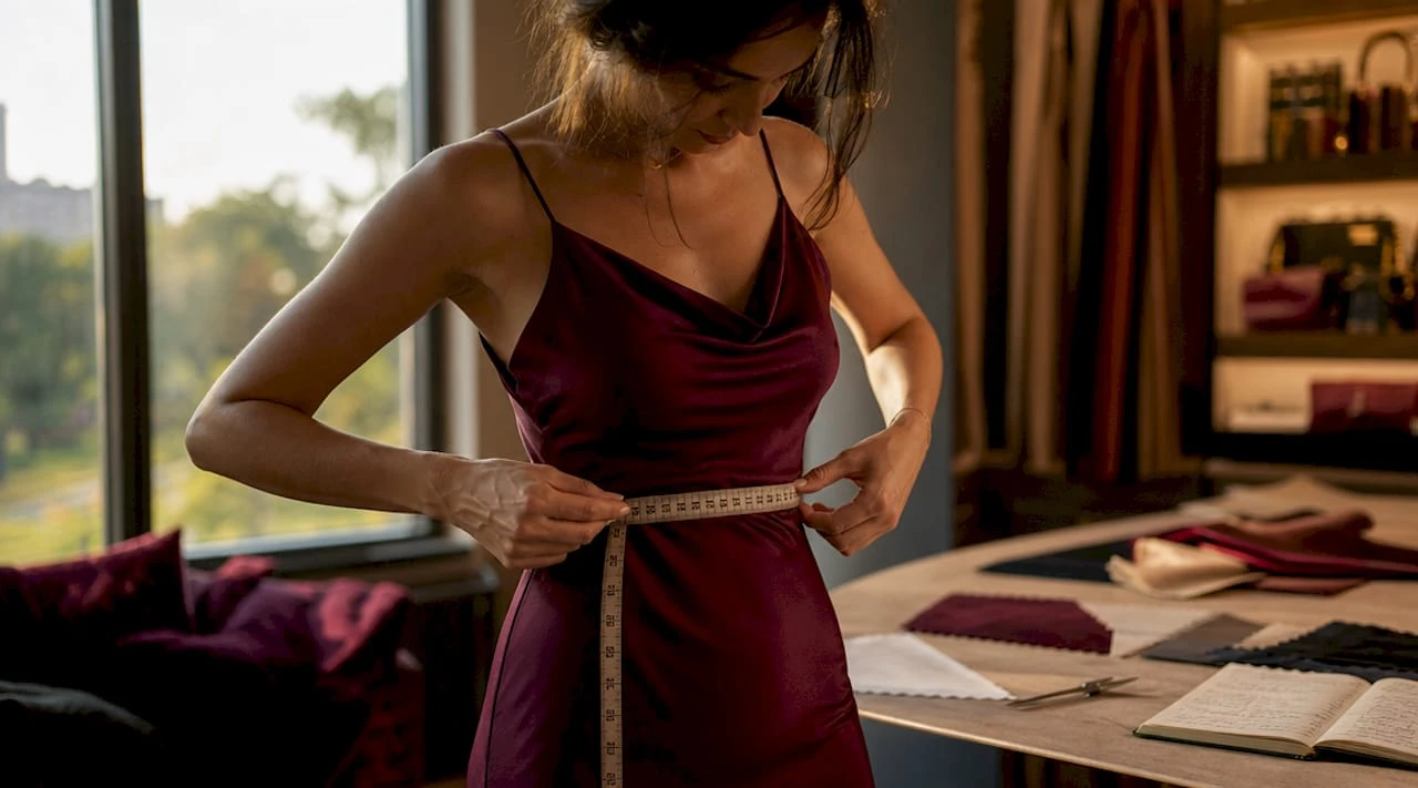Eine Frau lässt sich im Atelier vermessen, um ein elegantes Abendkleid maßschneidern zu lassen.