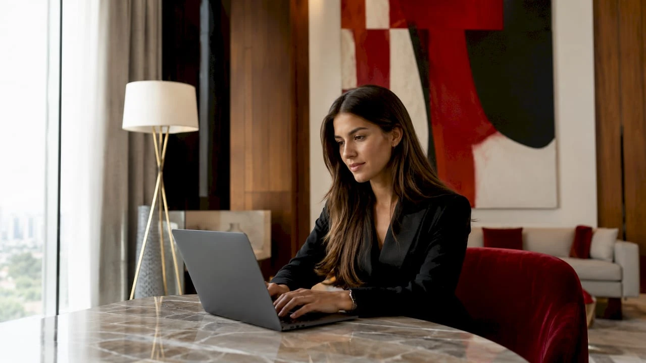Mujer revisando tiendas de moda online desde su escritorio en casa