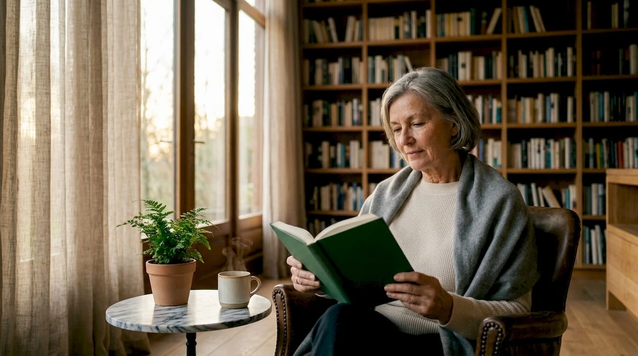 Een vrouw verdiept zich in een boek in een smaakvol, rustig ingericht interieur.