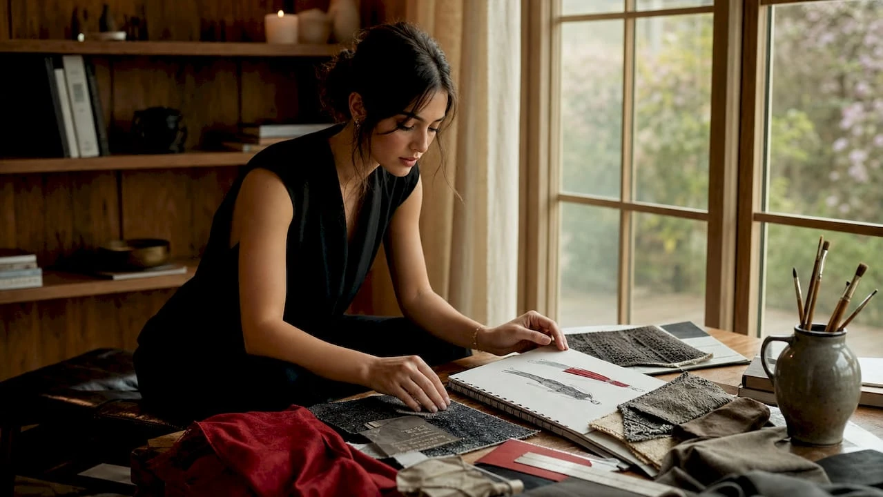 Dans son atelier, une styliste imagine et prépare une tenue unique pour un événement mode.