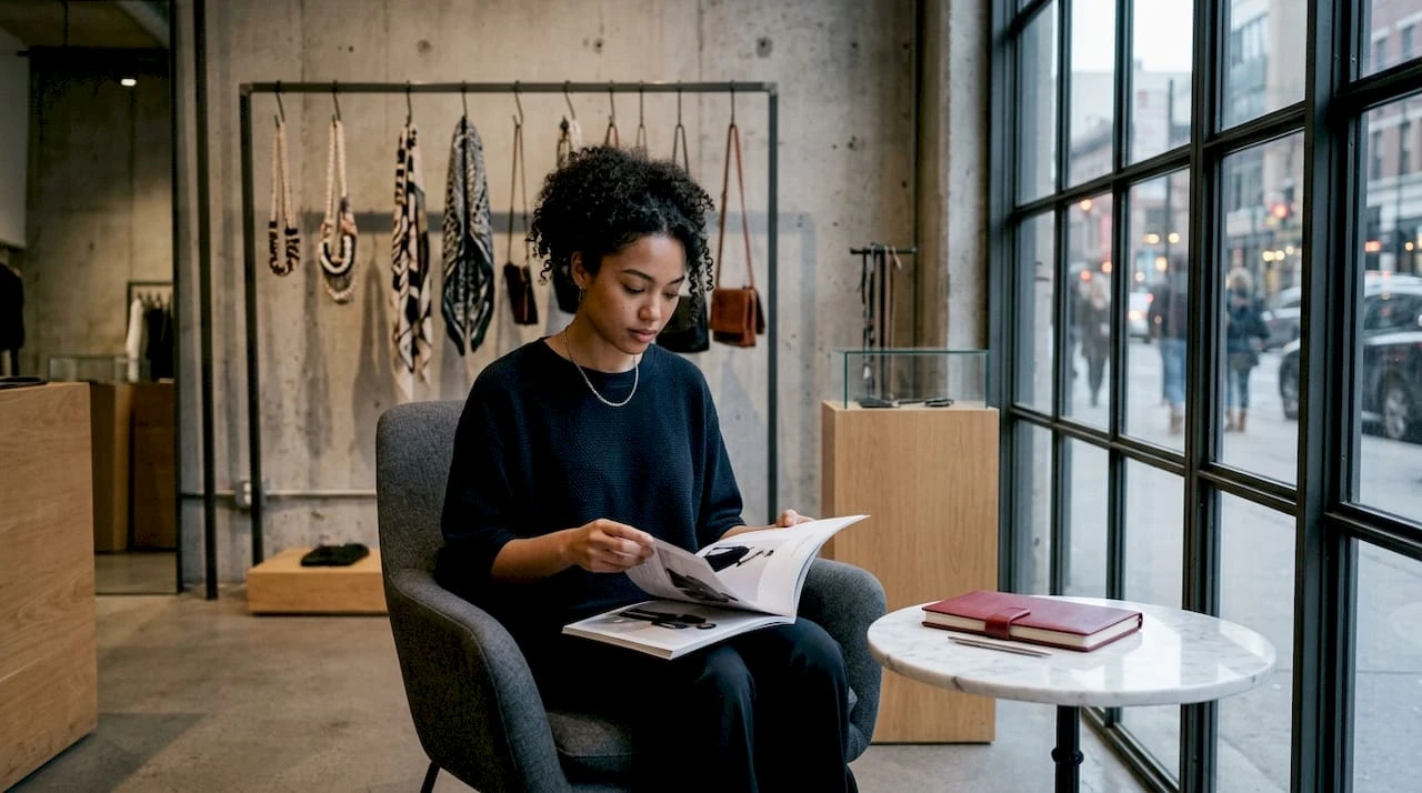Vrouw snuffelt rond tussen bijzondere mode in een boetiek