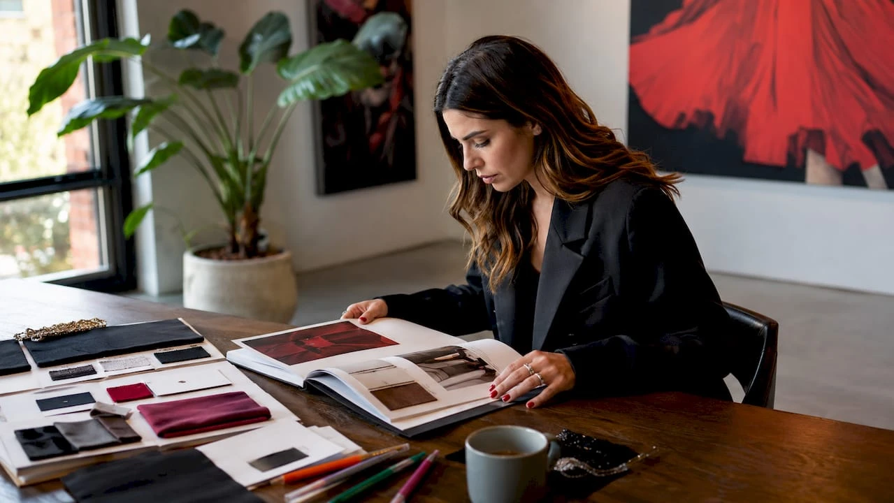 Investidora analisa tendências da moda contemporânea no seu escritório