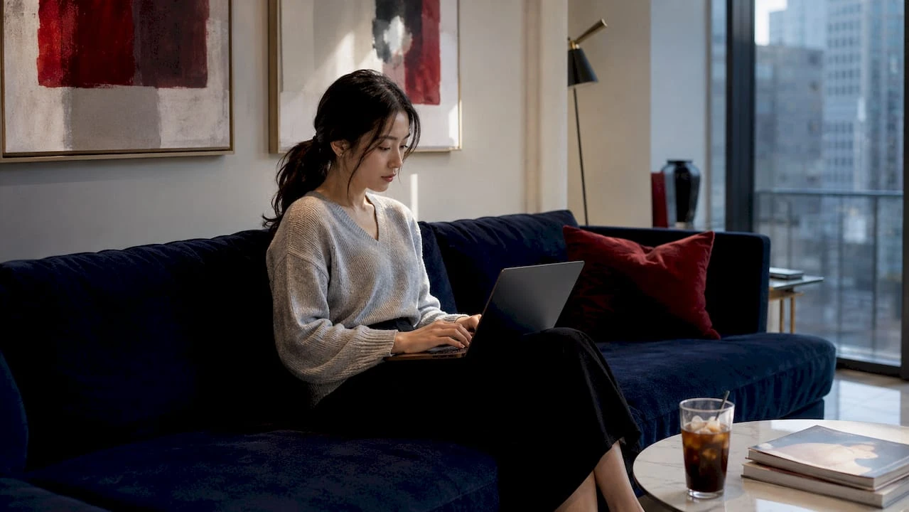 年轻女生正在网上挑选奢侈品牌的时尚单品