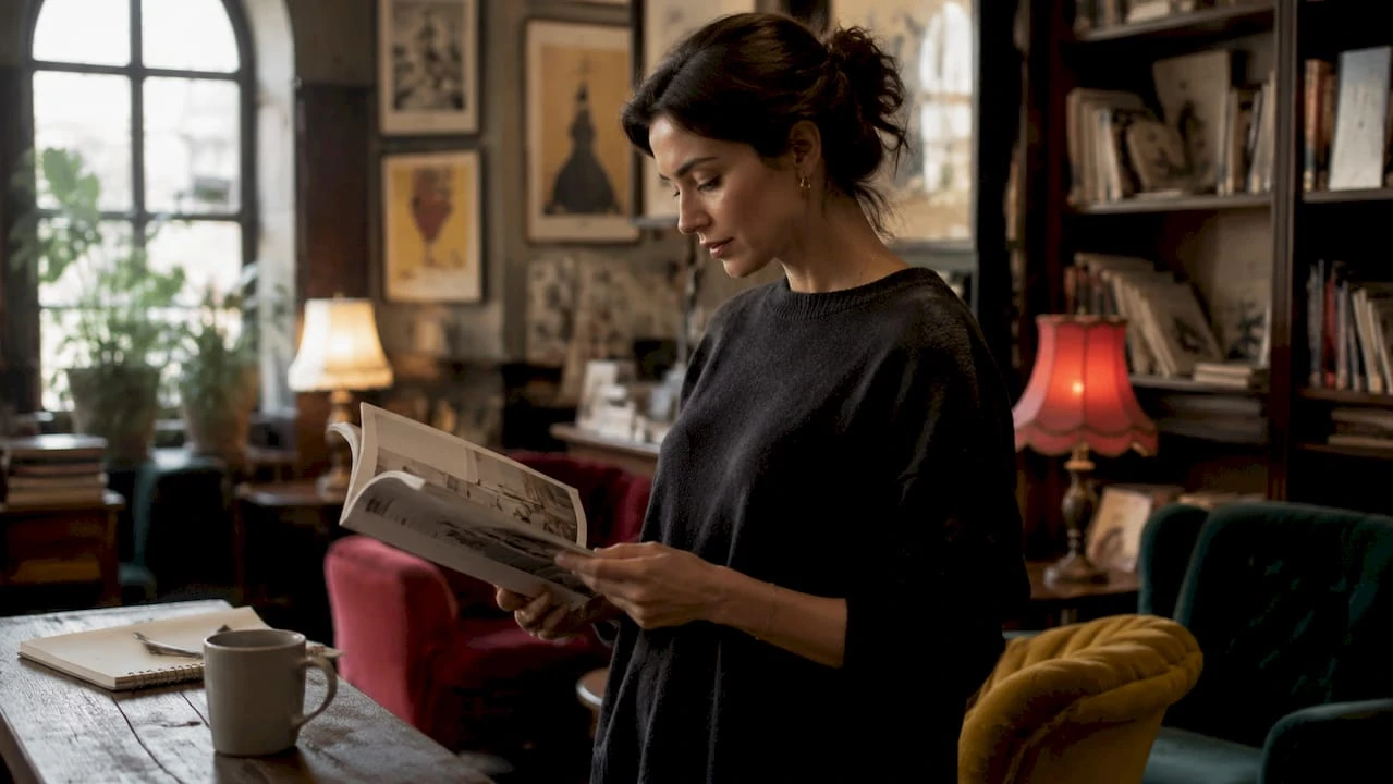 Une femme parcourt un magazine, confortablement installée dans un salon à la décoration éclectique.