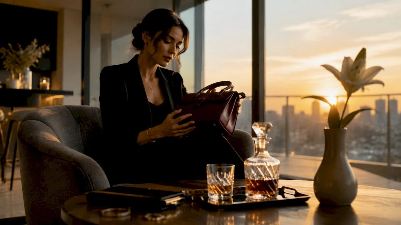 O doamnă analizează cu atenție o geantă de lux într-un magazin.