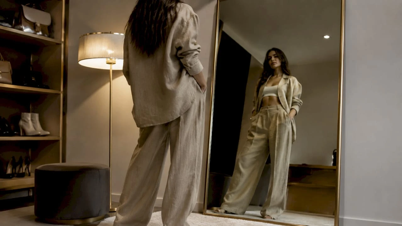 Chica luciendo prendas holgadas en un estudio luminoso
