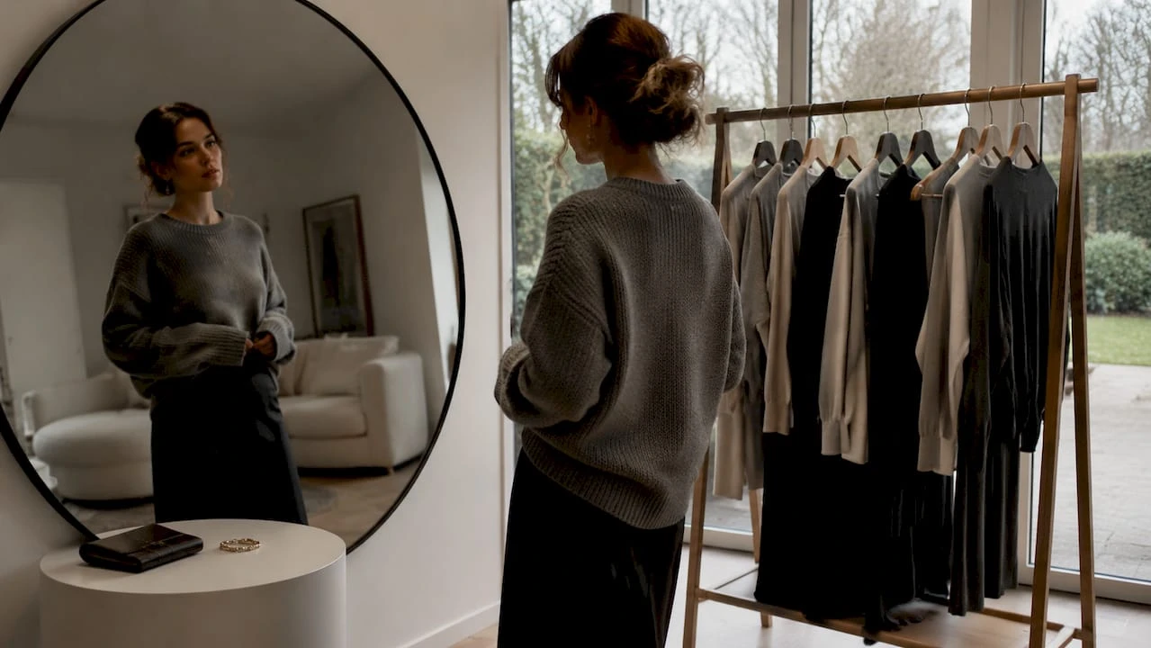 Vrouw twijfelt voor de spiegel over een simpele outfit