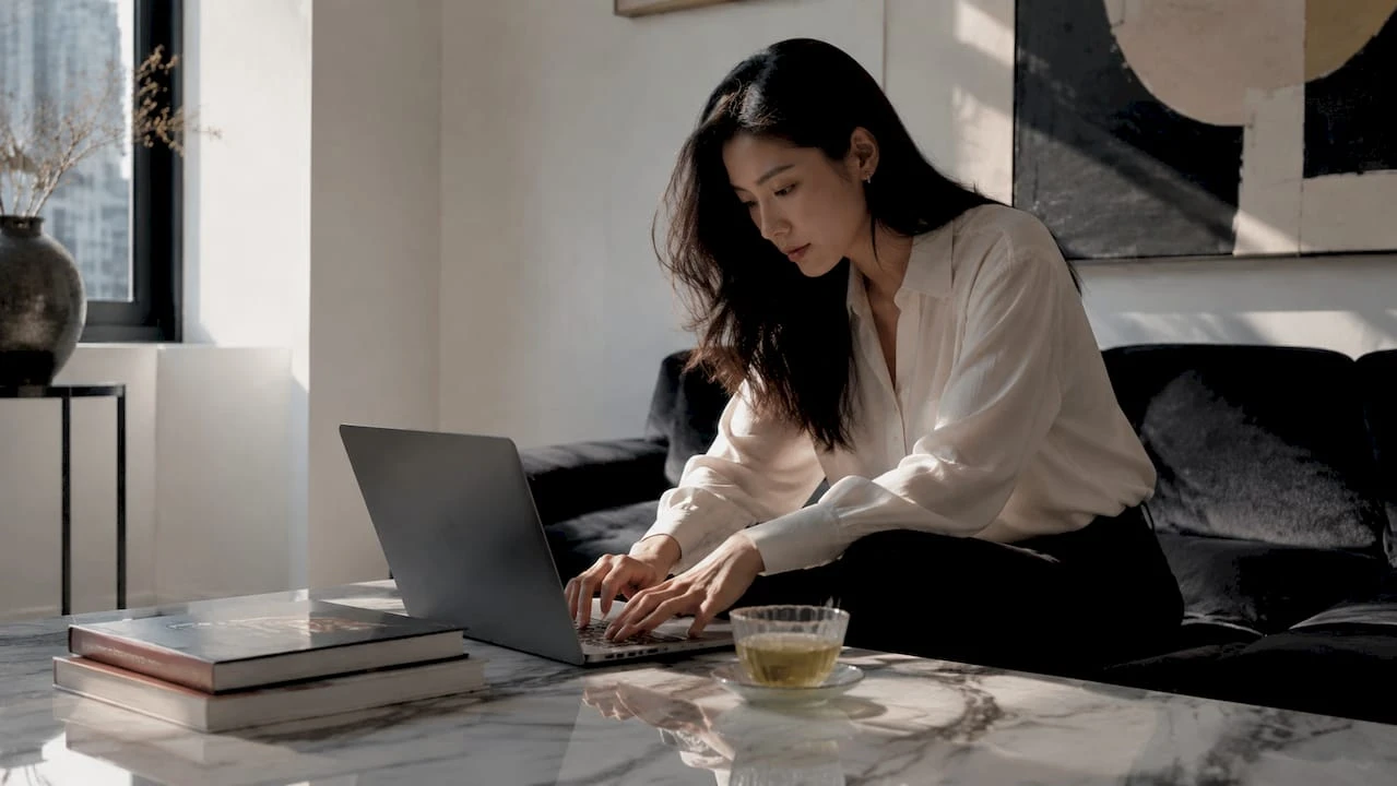 年轻女生宅在家里，轻松在网上选购奢侈品牌时尚单品。