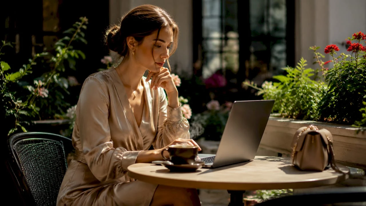 O femeie răsfoiește cele mai noi colecții de modă de lux pe laptop, în căutarea pieselor perfecte pentru garderoba ei.