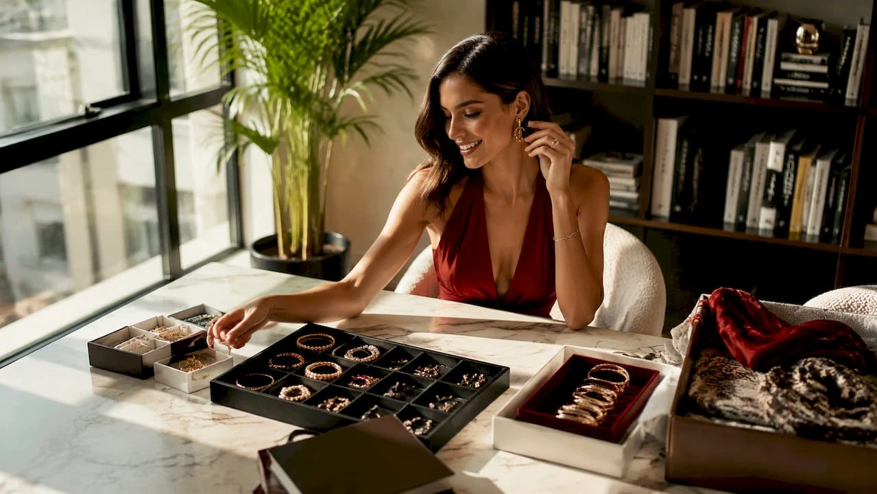 Uma mulher escolhe os seus acessórios preferidos em cima da cómoda, dando um toque pessoal ao seu visual.