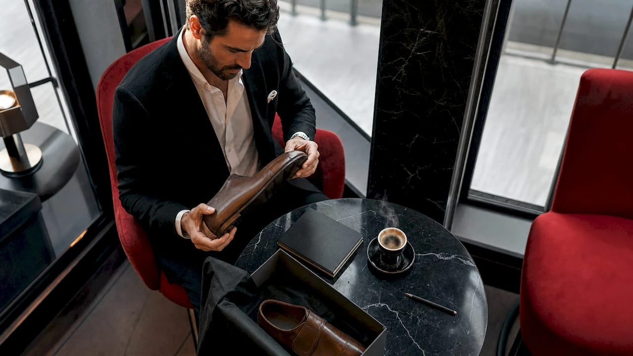 Un homme prend le temps d’admirer ses nouvelles chaussures de créateur chez lui.