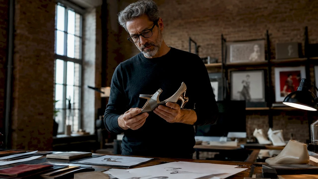 Designer a analisar um sapato inovador no seu atelier