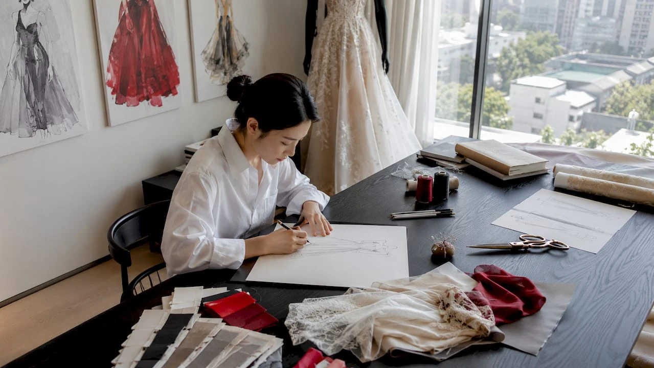 婚纱设计师倾心于手绘婚纱草图，用画笔勾勒新娘的梦想礼服。
