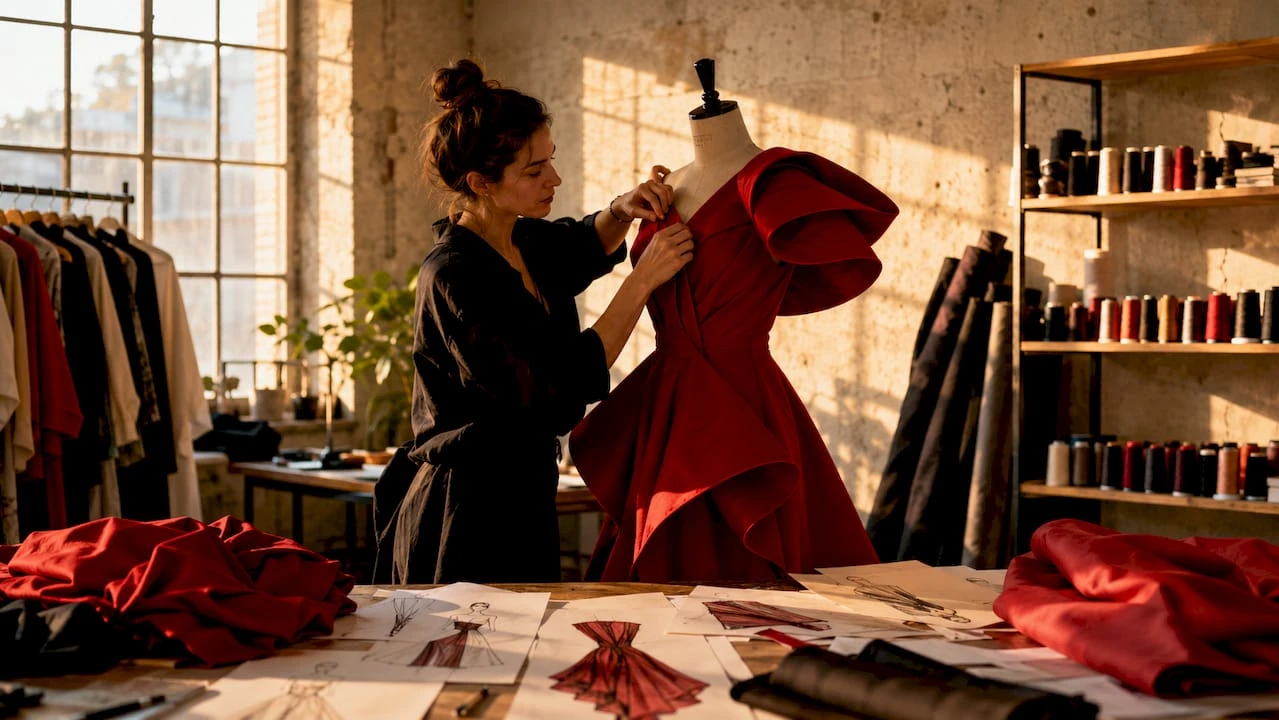 Dans les coulisses, le créateur apporte les dernières retouches à un manteau avant-gardiste, juste avant le défilé.