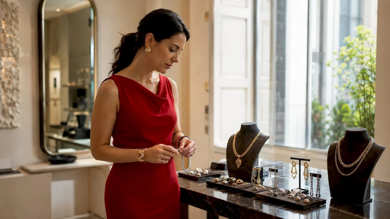 Numa sala de estar requintada, uma mulher aprecia e escolhe cuidadosamente joias de grande elegância.
