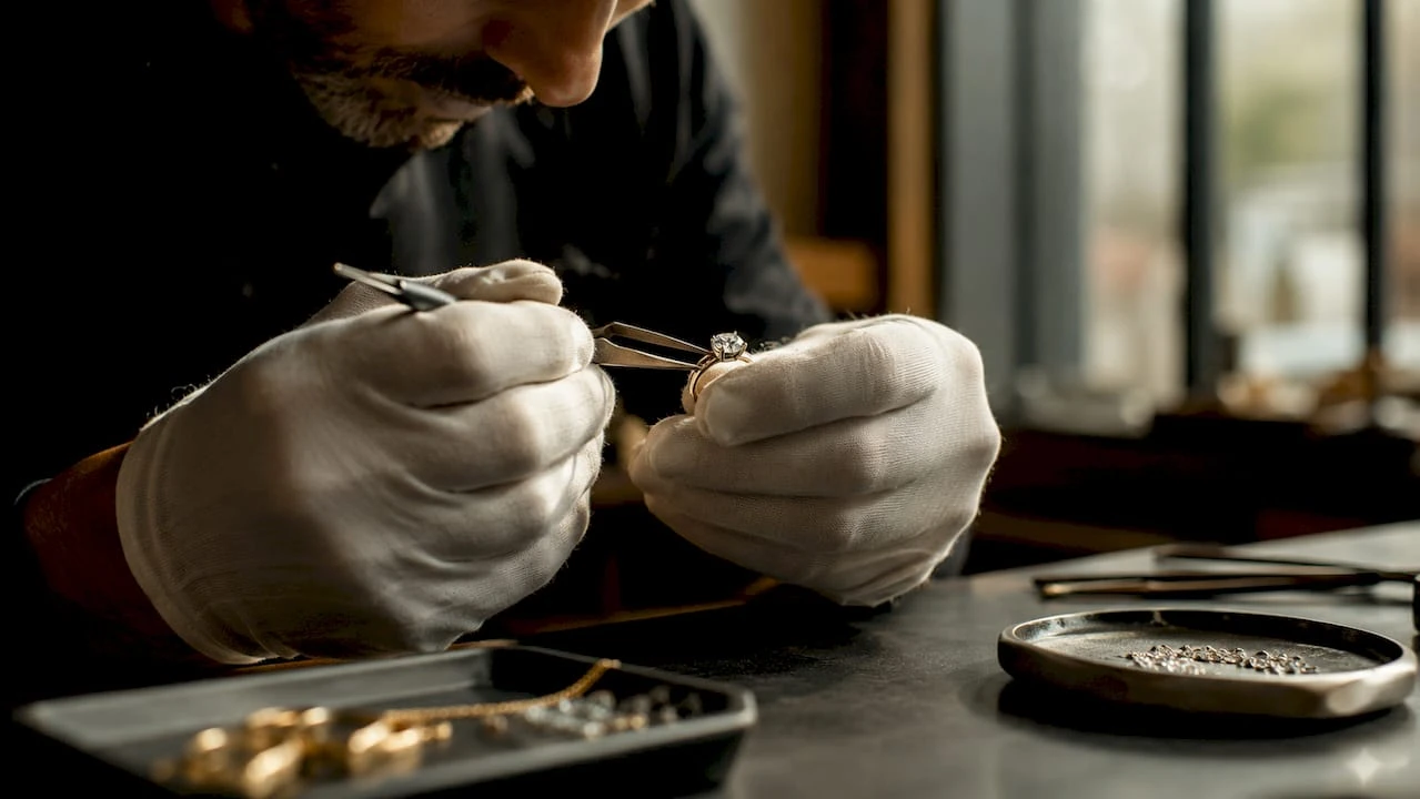 Ein Juwelier arbeitet konzentriert an einem Diamantring und nimmt dabei feinste Anpassungen vor.