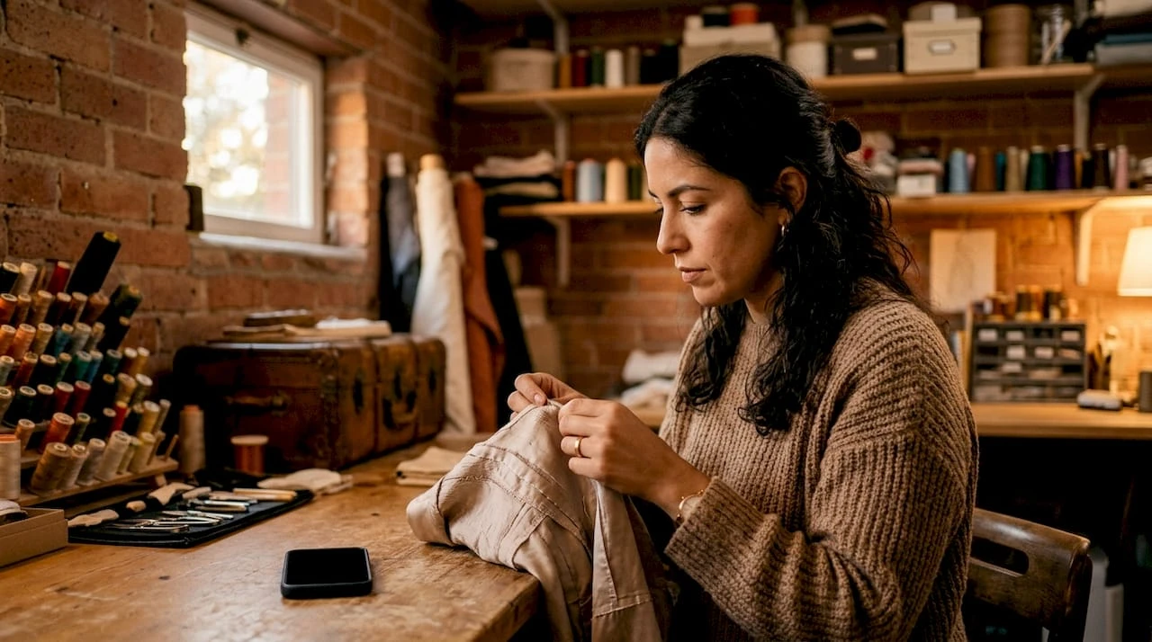 Diseñadora supervisando los detalles de una prenda exclusiva en su taller