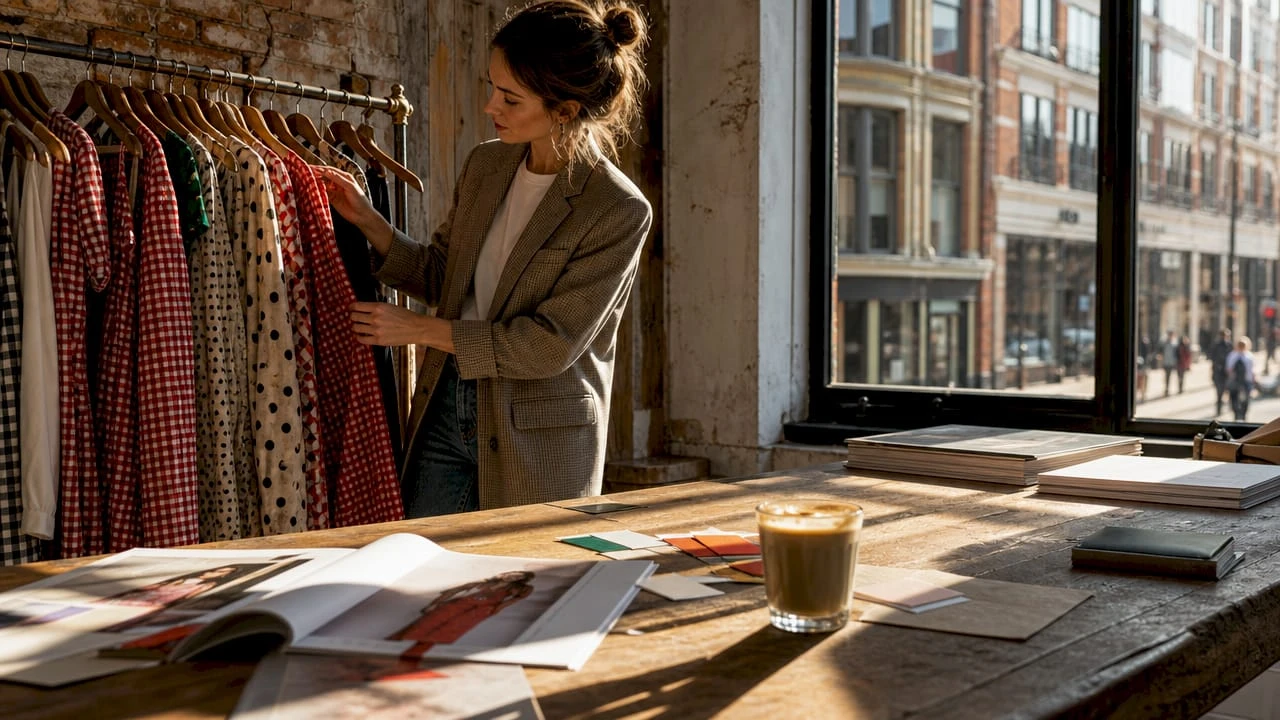 Een mode stylist die de nieuwste kledingtrends voor 2026 samenstelt en presenteert.