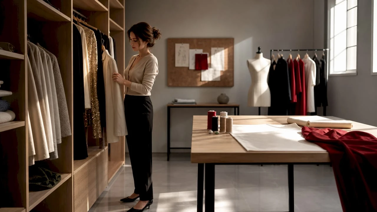 Una donna sceglie con cura capi dallo stile intramontabile all’interno di un atelier raffinato.