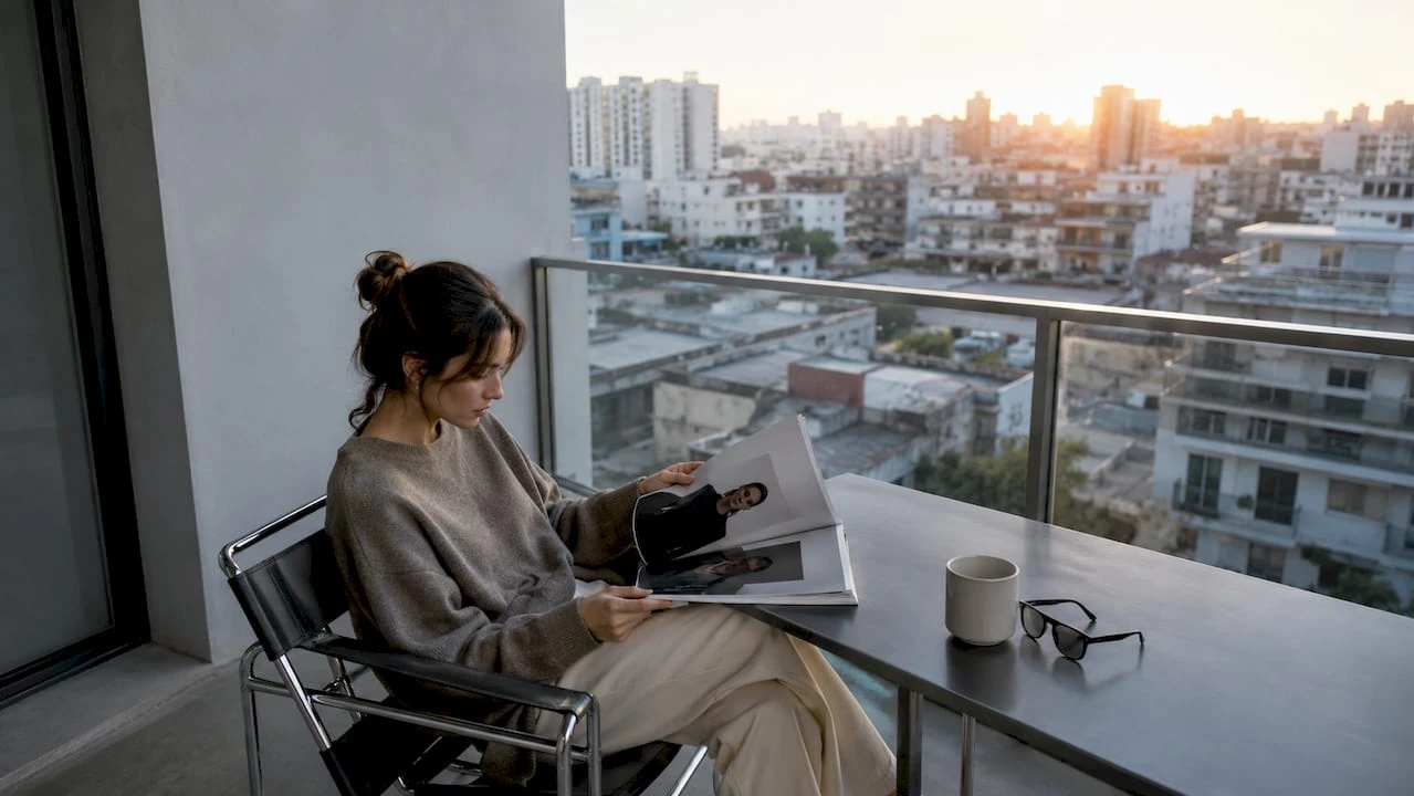 Mujer hojeando un catálogo de ropa minimalista