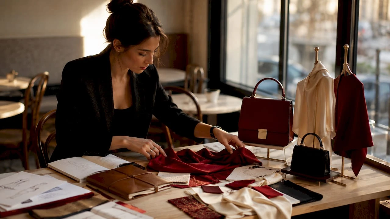 Dans son atelier, la créatrice dispose soigneusement les pièces de sa collection capsule, peaufinant chaque détail pour une harmonie parfaite.