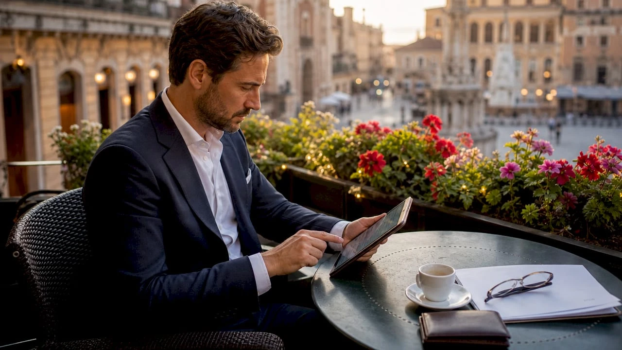 Un uomo sfoglia un sito di lusso dal suo tablet