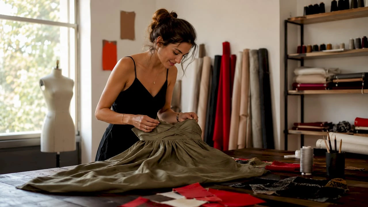 Jovem criador de moda a observar cuidadosamente um vestido no seu atelier