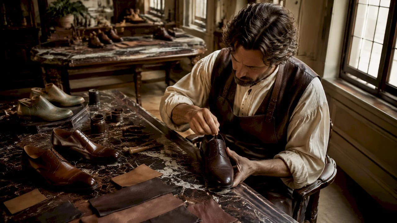 In liebevoller Handarbeit stellt ein Schuhmacher an seiner Werkbank exklusive Lederschuhe her.
