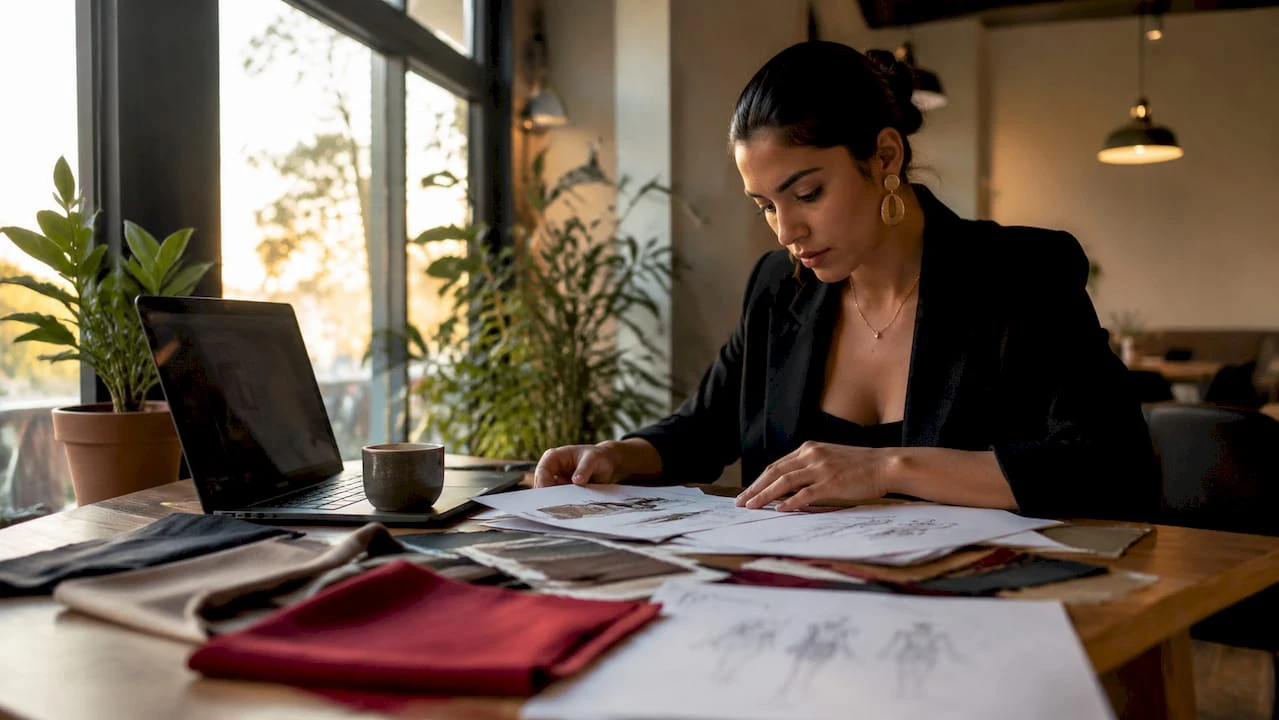 Una diseñadora analiza sus bocetos y selecciona telas en pleno proceso creativo dentro de su estudio.