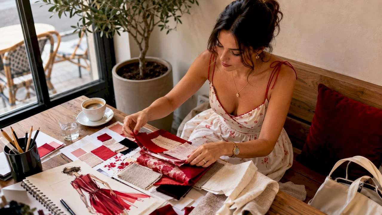 Une femme crée un moodboard d’inspiration mode chez elle
