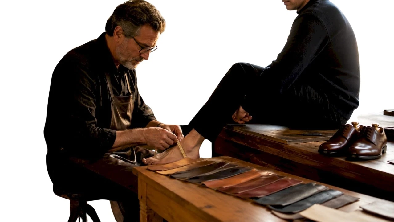 Dans un atelier de chaussures haut de gamme, un artisan prend soigneusement les mesures du pied d’un client pour garantir un ajustement parfait.