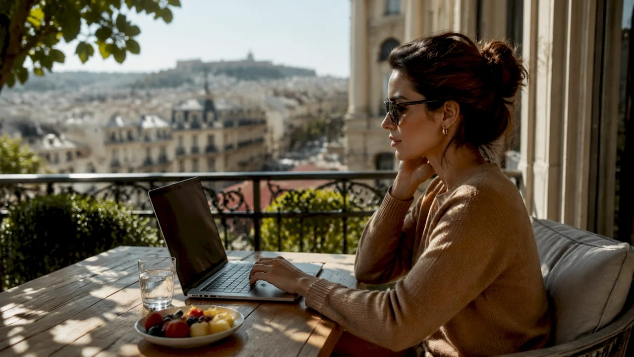 O femeie răsfoiește site-urile de modă de lux pe laptop, în căutarea celor mai noi tendințe și piese exclusiviste.
