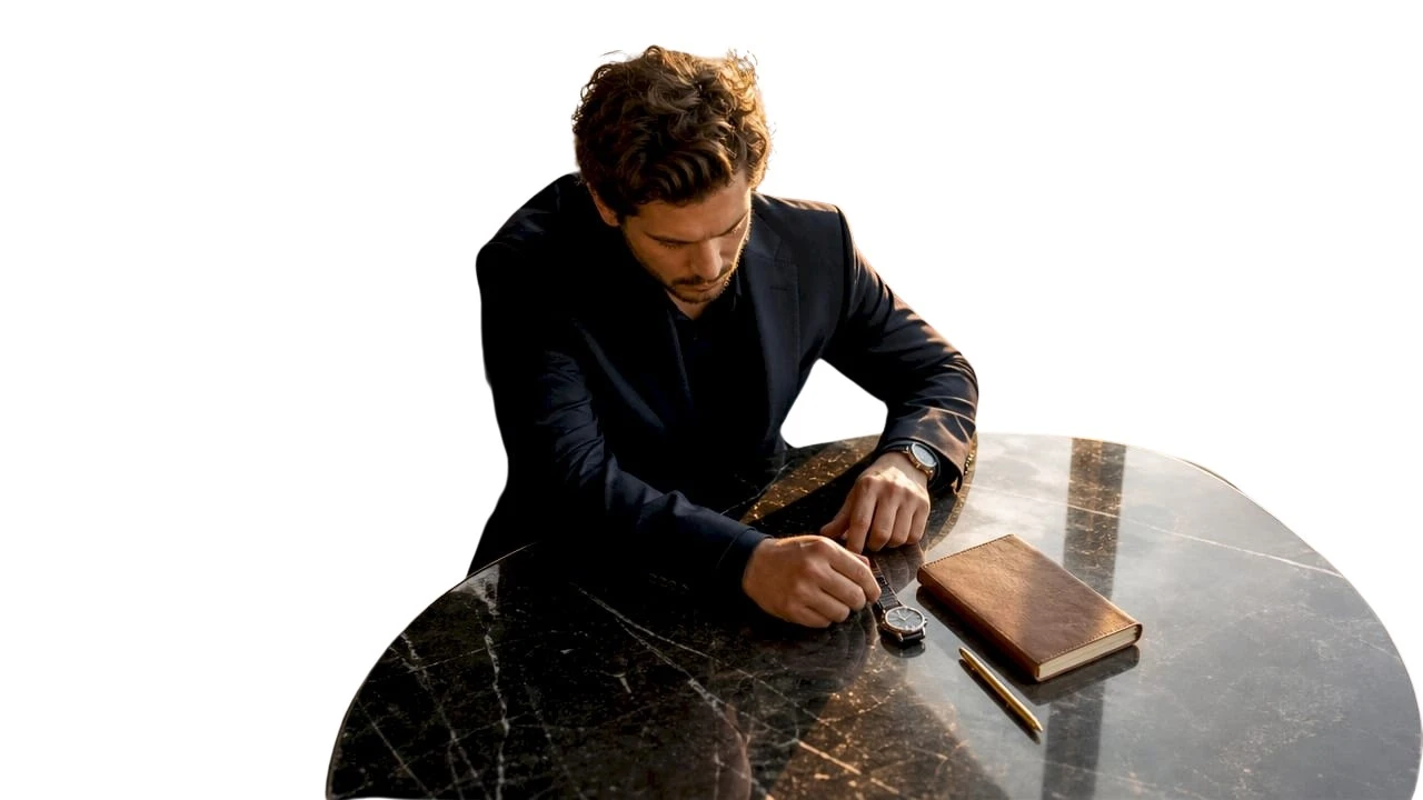 Un homme observe attentivement une montre élégante au design épuré.