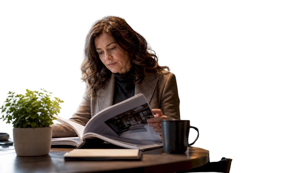 O femeie studiază atent un catalog de produse de shopping, căutând oferte speciale sau articole care i-ar putea atrage atenția.