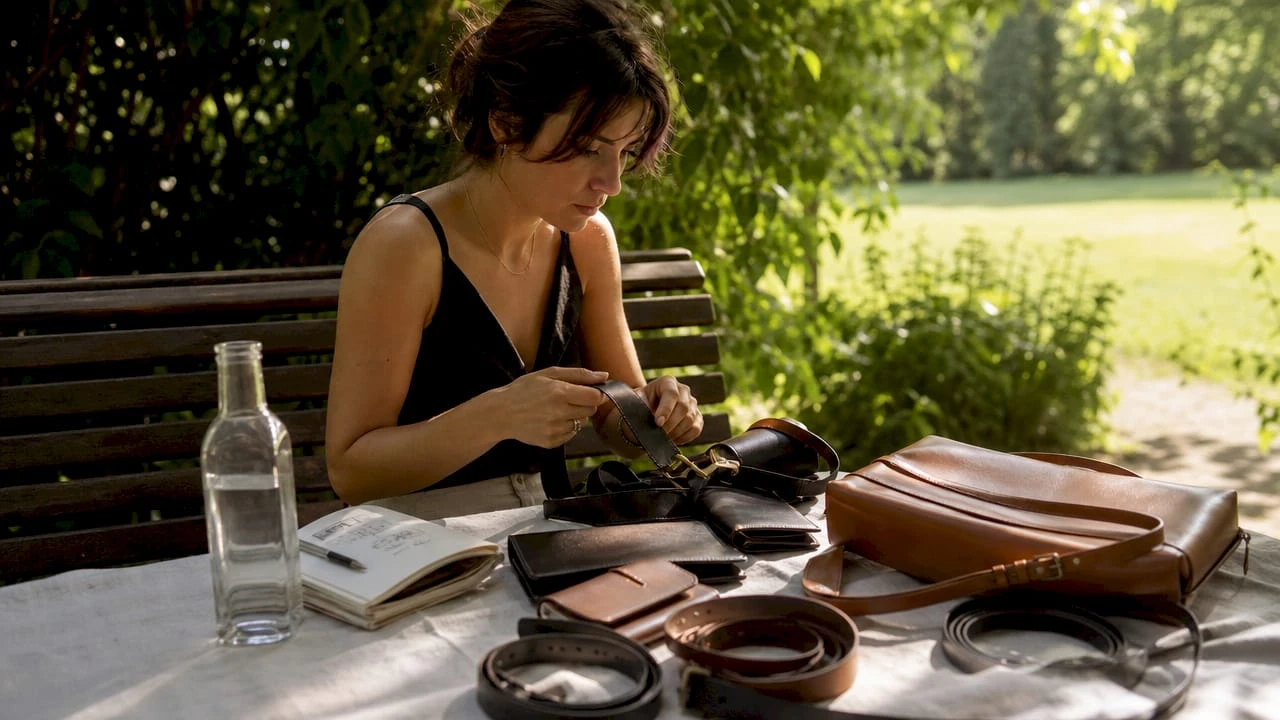 Une femme parcourt attentivement une sélection d’accessoires en cuir.