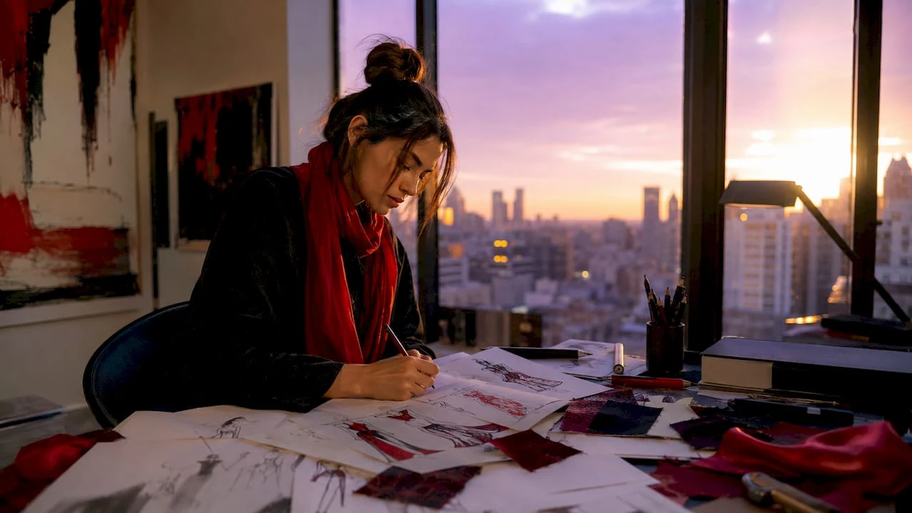 Una diseñadora revisa cuidadosamente sus bocetos de moda vanguardista, buscando inspiración y perfeccionando cada detalle para crear piezas únicas.