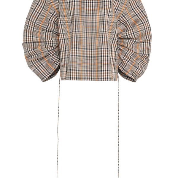 Drawstring Sleeve Top Brown Check