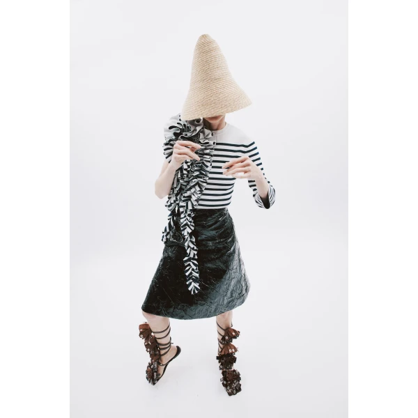 Awake Mode Knitted Fitted Top With Ruffle White Navy Striped, view 2