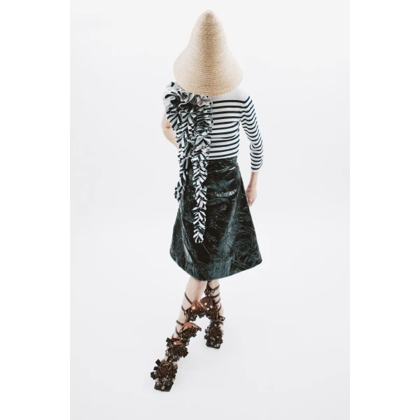 Awake Mode Knitted Fitted Top With Ruffle White Navy Striped, view 3