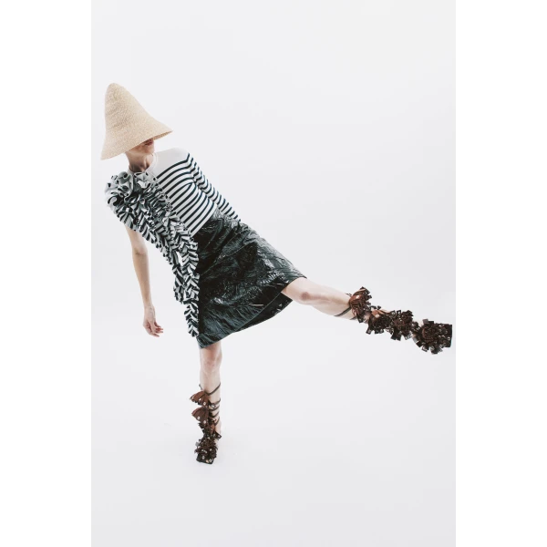 Awake Mode Knitted Fitted Top With Ruffle White Navy Striped, view 4