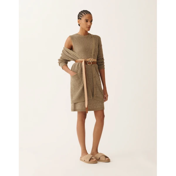 Fabiana Filippi Mini Dress in Cotton Tape with Sequins, Khaki, view 2