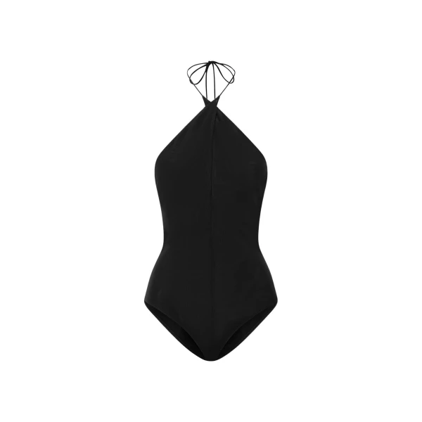 Alex Perry Cross Tie Halter Bodysuit in Stretch Mesh, Black