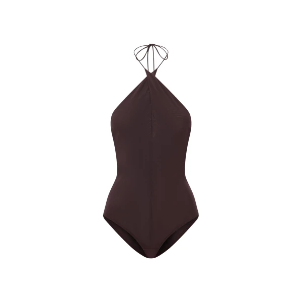 Alex Perry Cross Tie Halter Bodysuit in Stretch Mesh, Smoke